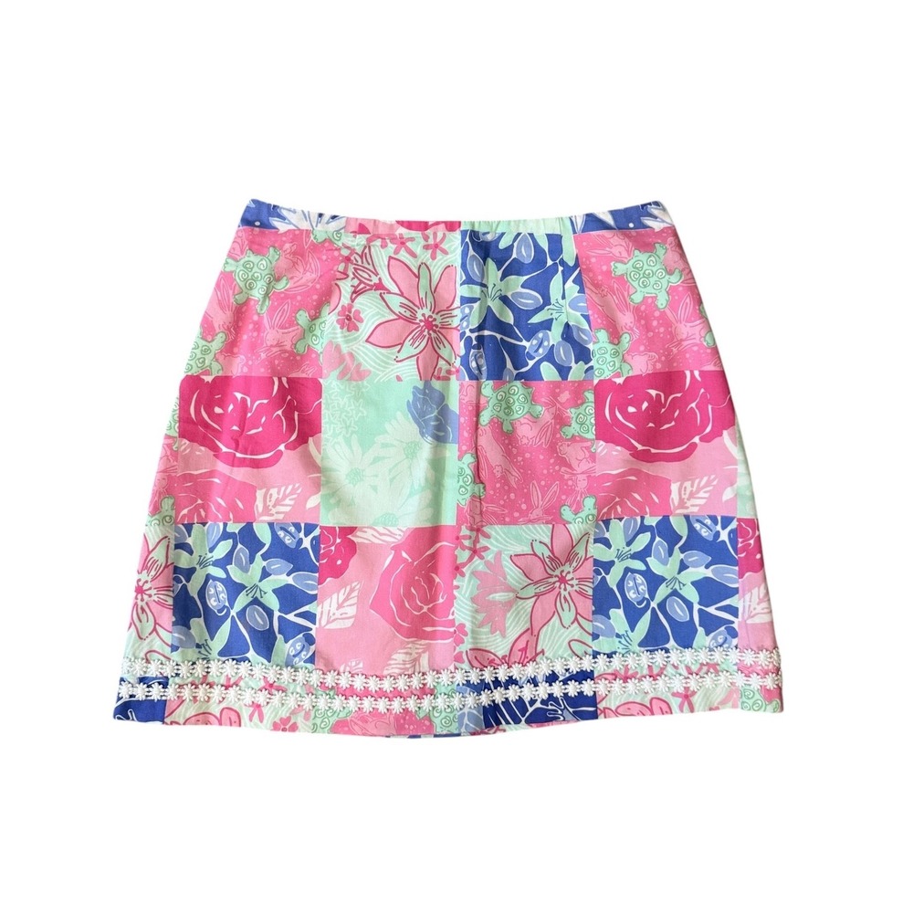 Lilly Pulitzer Patchwork Mini Skirt Women 4 Pink Blue Floral Daisy Trim